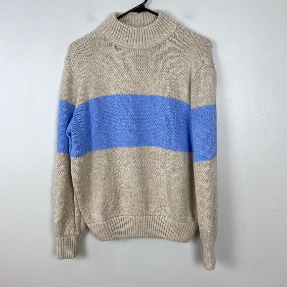 Aerie Mock Neck Sweater Blue Tan Striped Casual Cozy Pullover Size XS - Picture 1 of 11